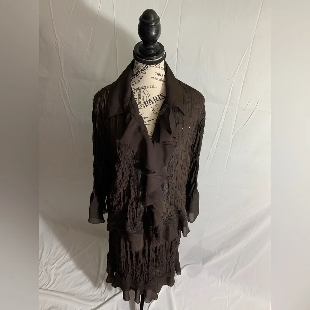 Signature by Robbie Bee 2 piece chocolate brown top & skirt crinkle & shimmer. - Picture 1 of 6